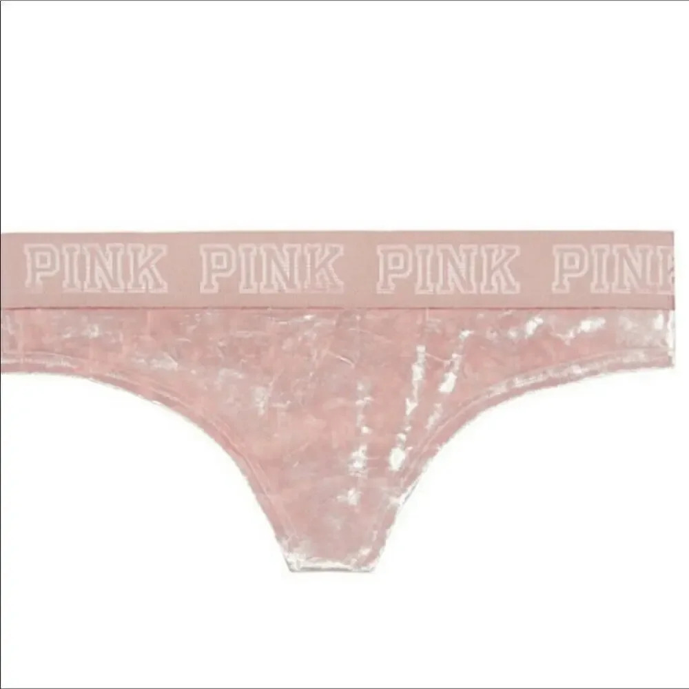 VS Pink Logo Thong Panties Velvet Velour Lace New